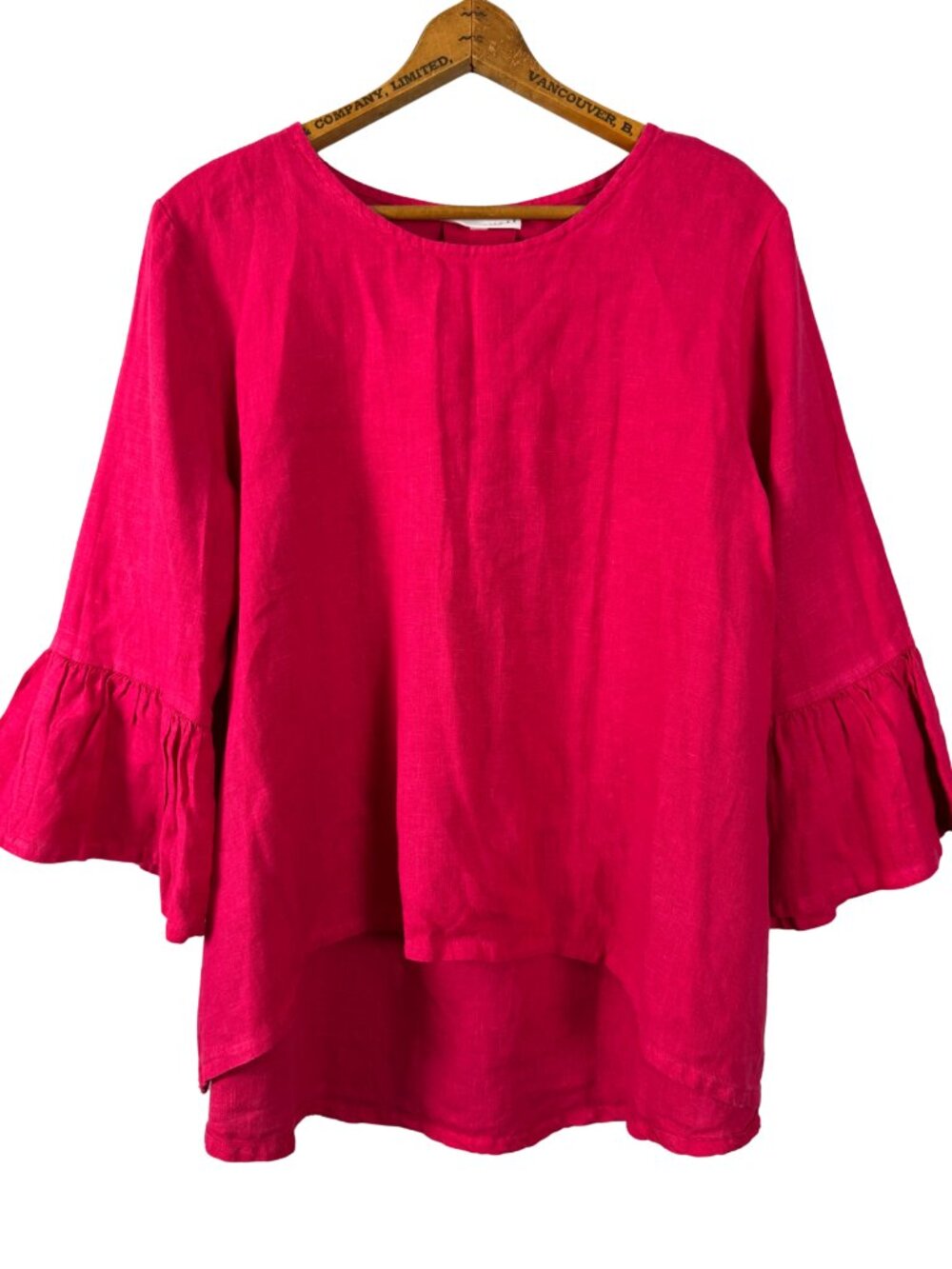 Brynn Walker 100% Linen Hot Pink Ruffle Bell Sleeve Tunic Top M